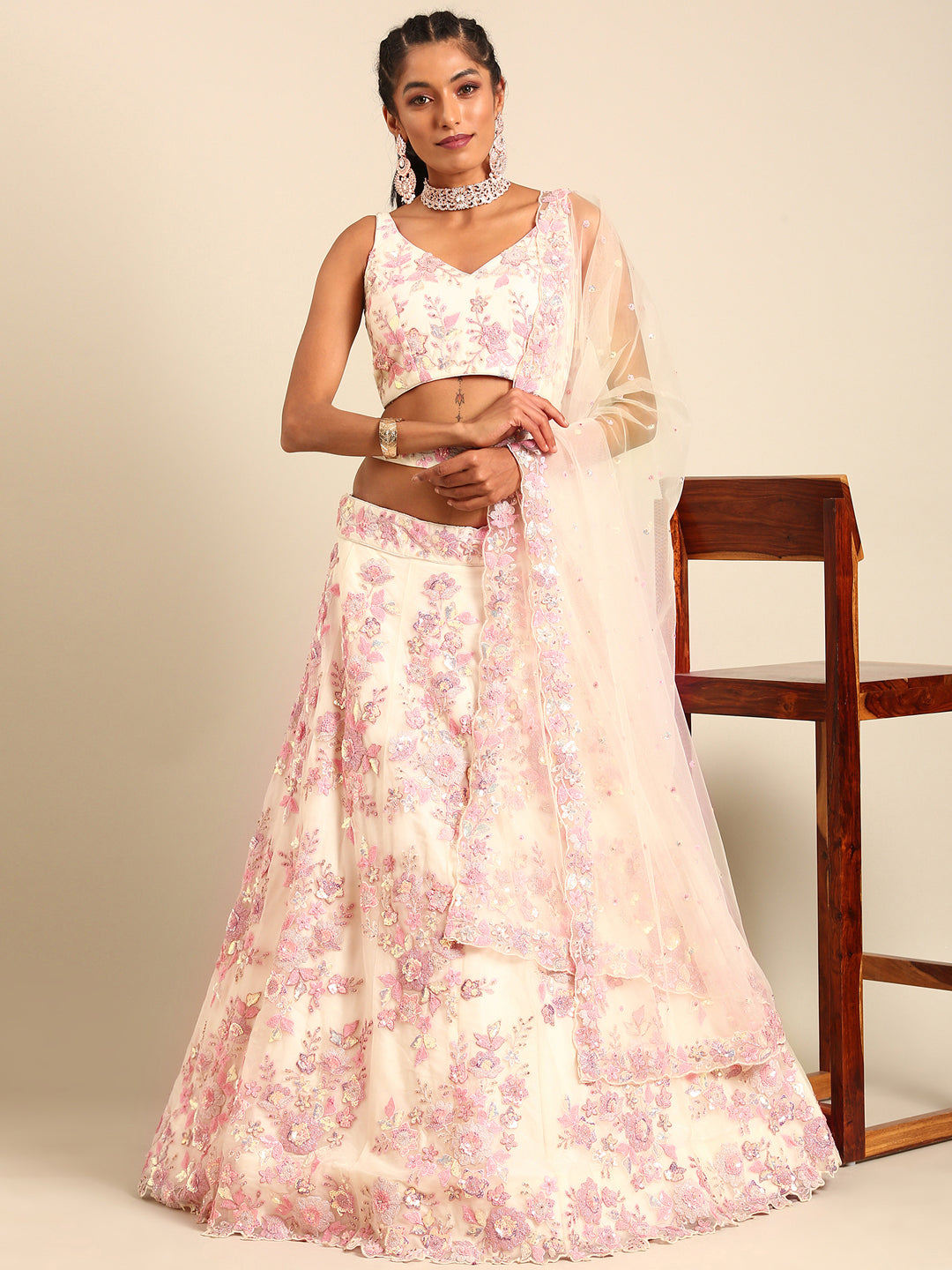 House of Panchhi Cream Net Sequins with heavy Zarkan embroidery Lehenga choli & Dupatta