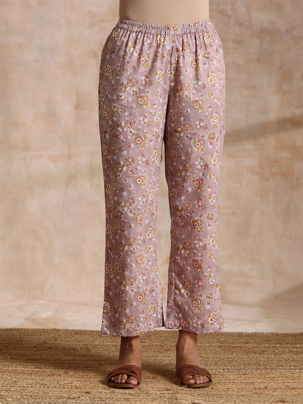 trueBrowns Grey Overall Floral Block Print Cotton Flared Slit Kurta Pant Set | Relove - Distacart
