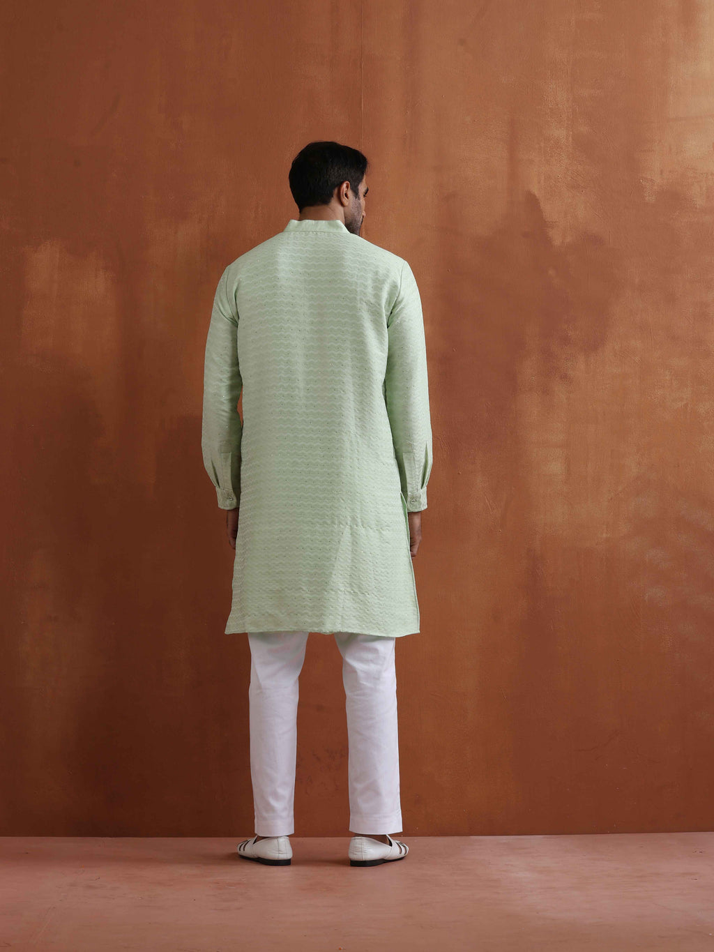 trueBrowns Men's Green Sequin Chanderi Kurta