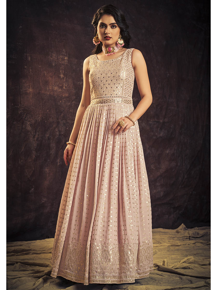 Myra Baby Pink Real Georgette Designer Gown Style Suit - Distacart