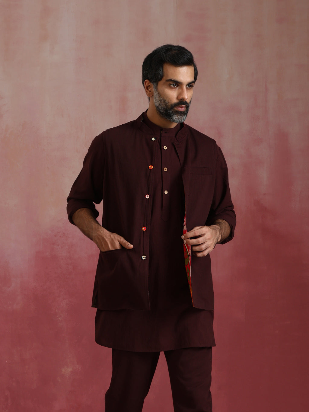 trueBrowns Men's Cola Ikat Print Cotton Reversible Nehru Jacket