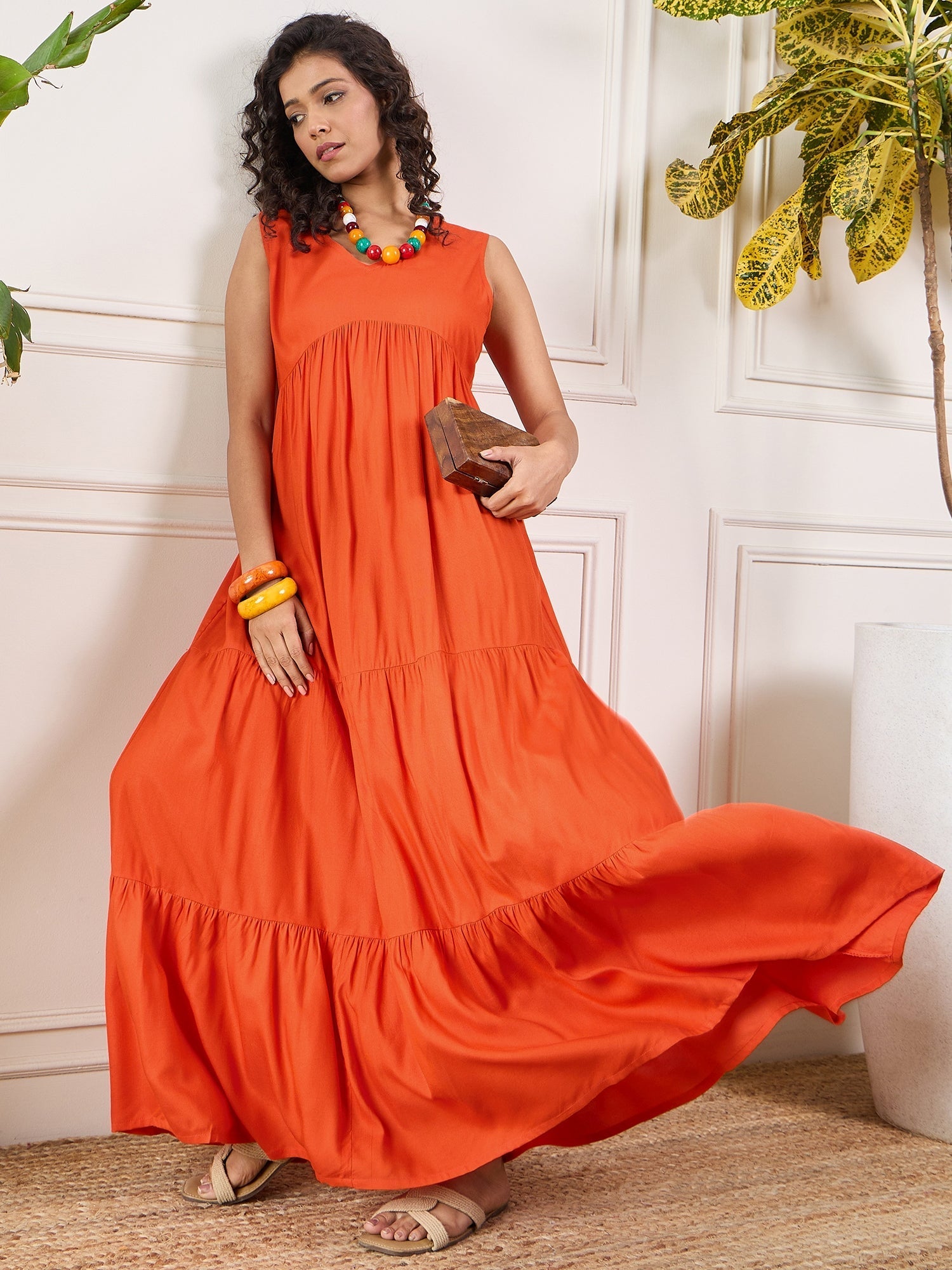 InWeave Orange V Neck Sleeveless Long Tiered Dress - Distacart