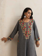 trueBrowns Grey Kashmiri Embroidered Woollen Phiran Kurta - Distacart