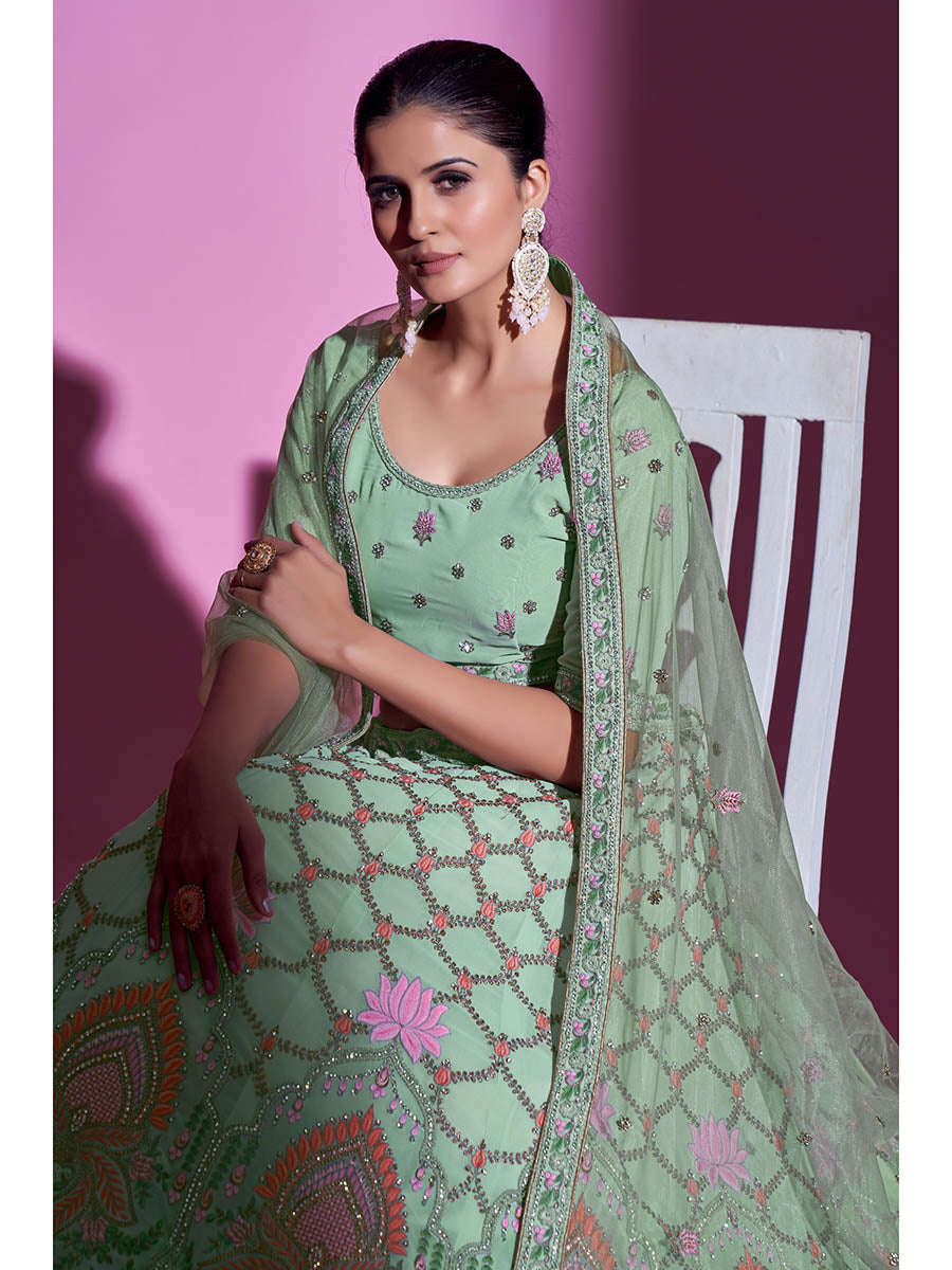 Myra Pista Green Georgette Embroidered Designer Lehenga Choli