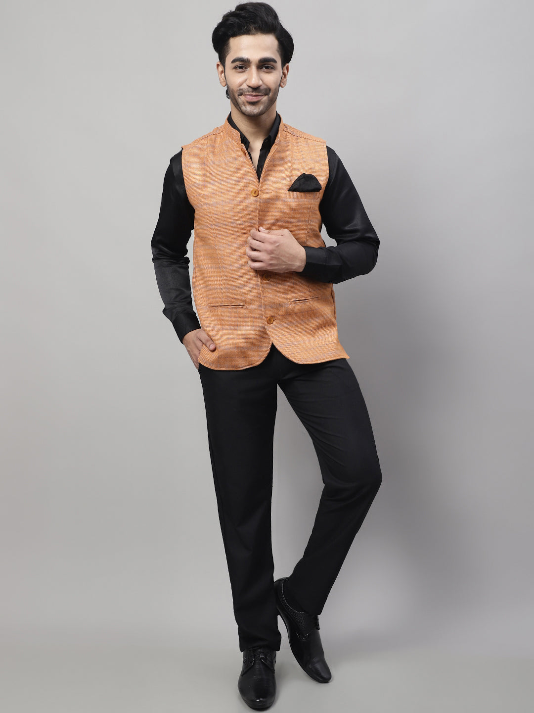 Even Apparels Men's Orange Nehru Jacket With Welt Pockets