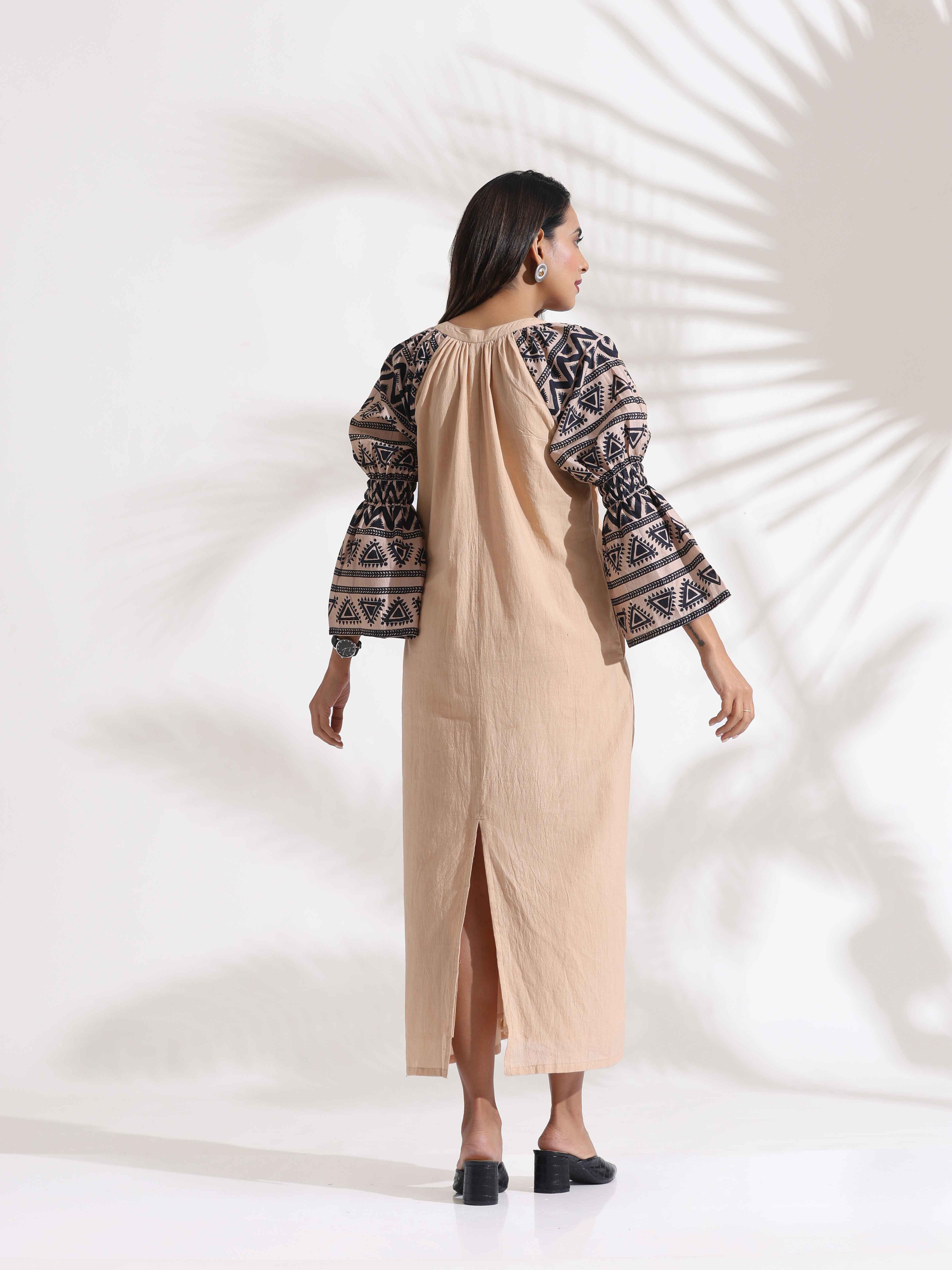 trueBrowns Beige Cotton Print Long Dress - Distacart