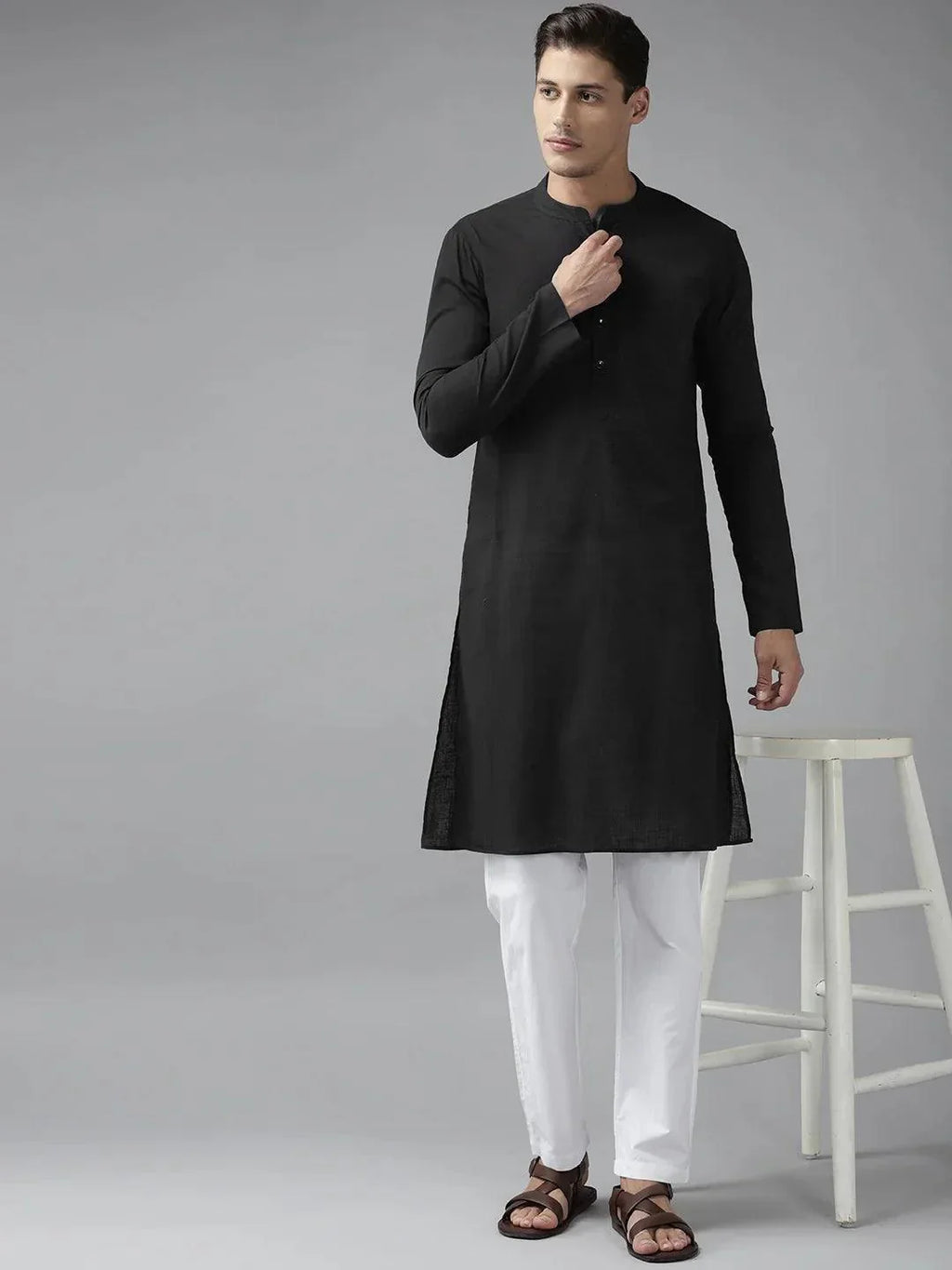 Fabmade Men Z-Black Cotton Linen Kurta
