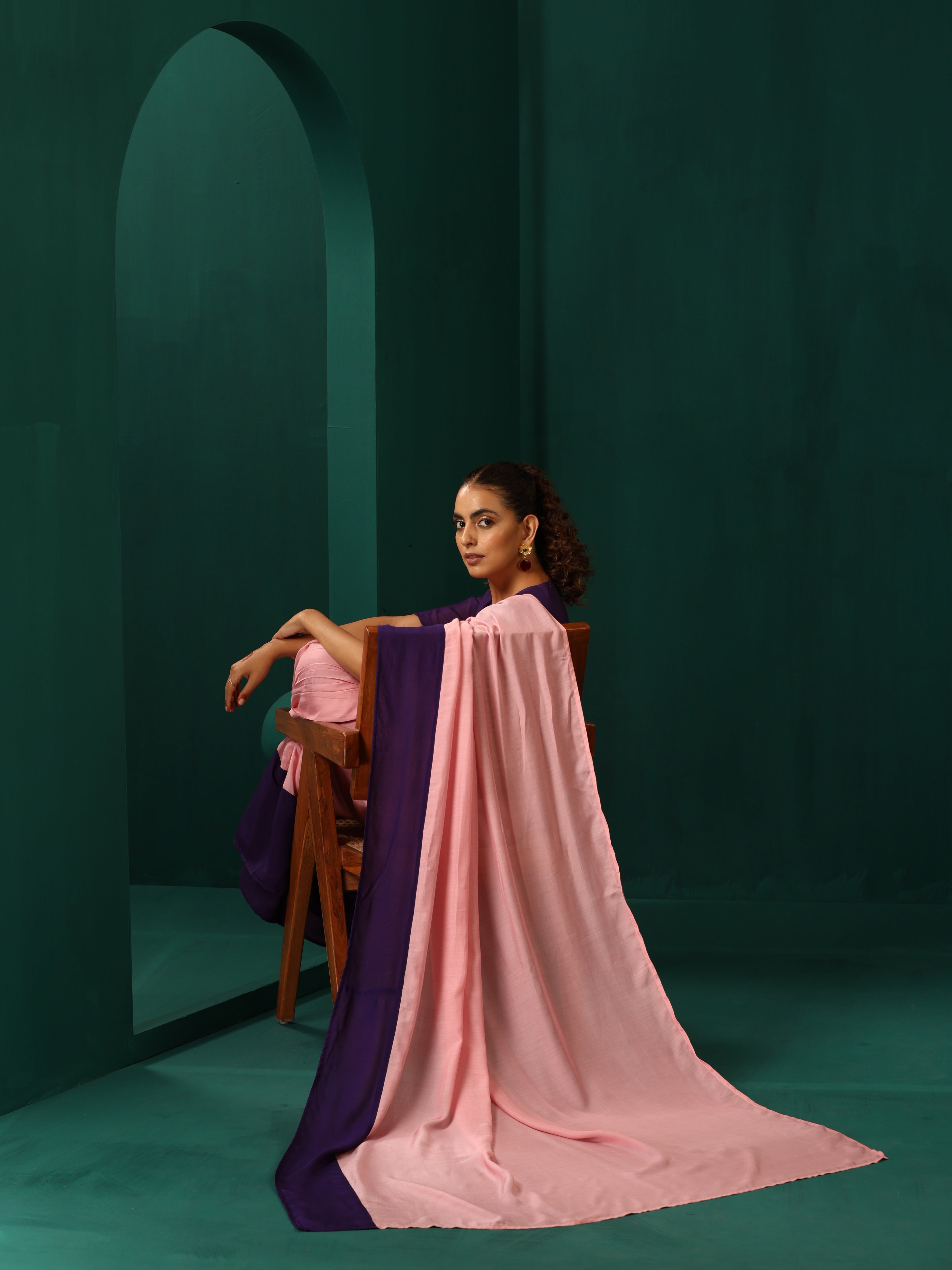 trueBrowns Pink Purple Muslin Silk Ready to Wear Saree