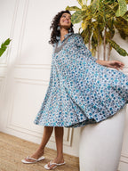InWeave Aqua Blue Floral Grey Jaal Collar Flared Dress - Distacart