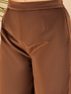 InWeave Women's Brown V Neck Asymmetrical Pleated Velvet Kurta Set