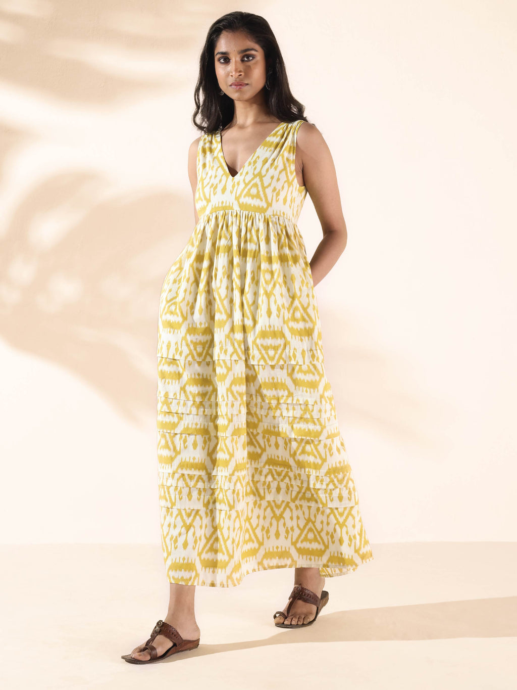 trueBrowns Lime Cotton Ikat Sleeveless Flared Dress - Distacart