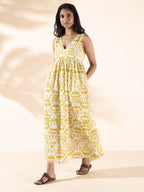 trueBrowns Lime Cotton Ikat Sleeveless Flared Dress - Distacart