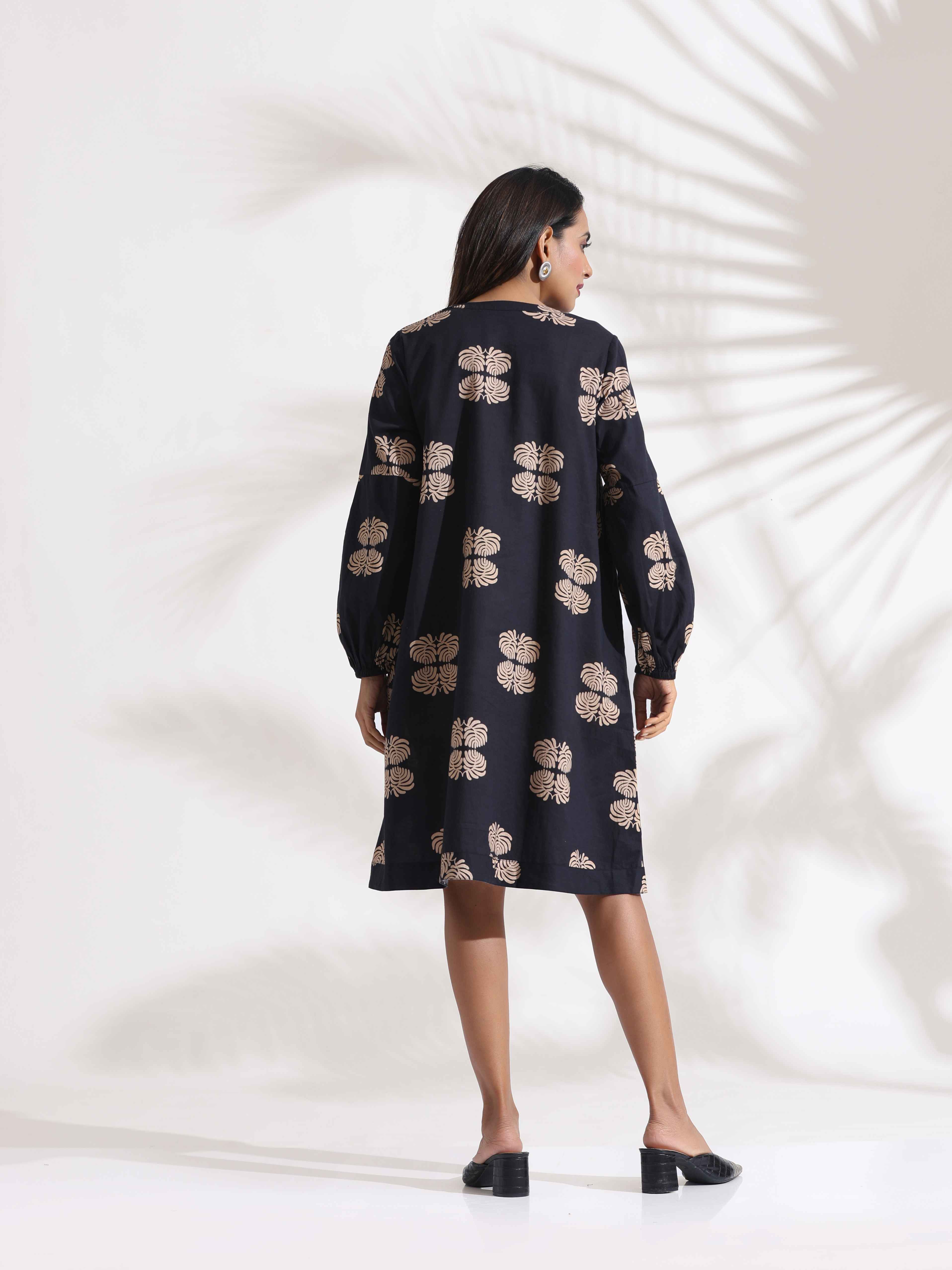 trueBrowns Black Cotton Print Short Dress - Distacart