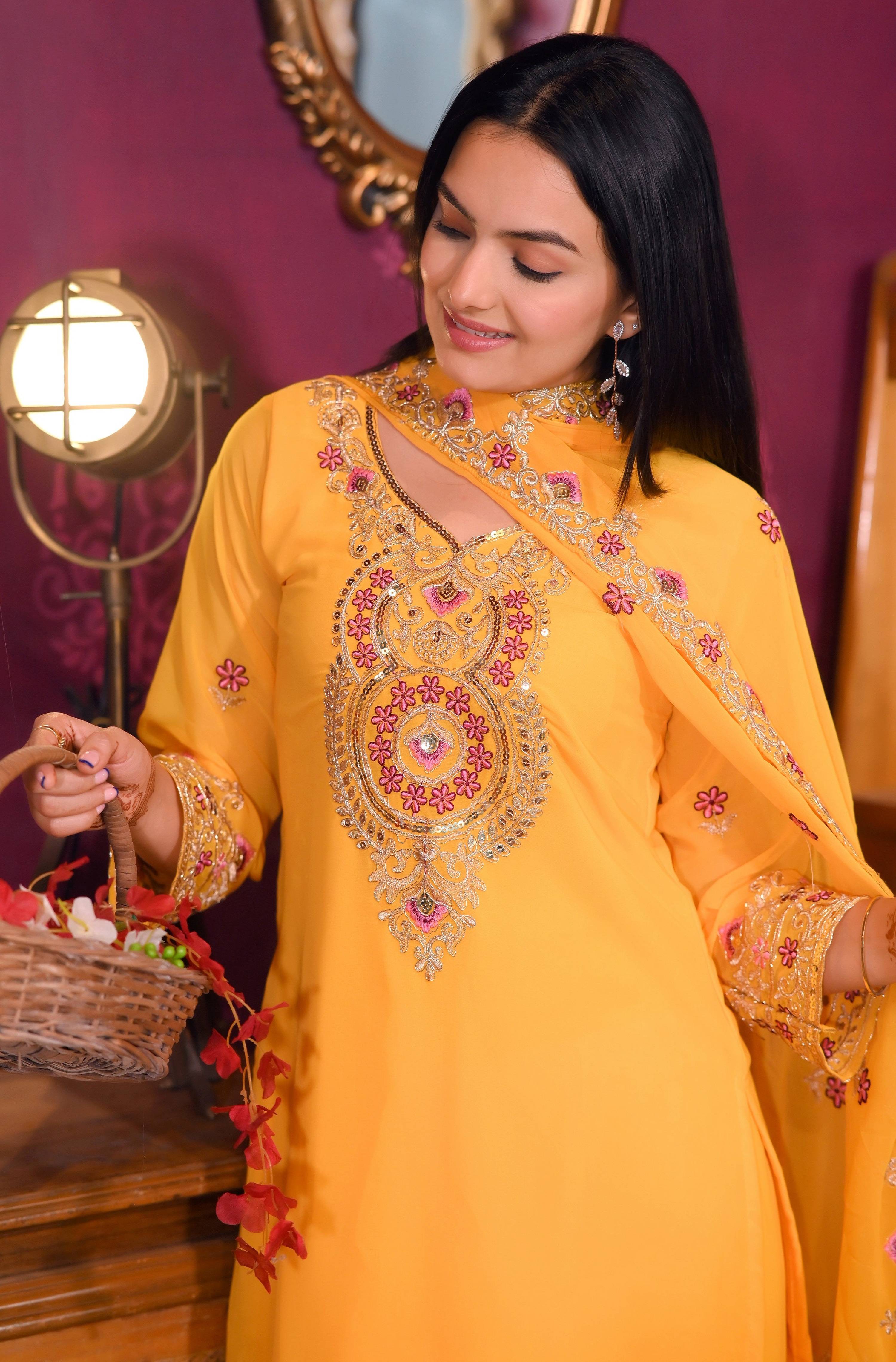 Teeya Creation Yellow Color Faux Georgette Silk Heavy Embroidery Work Fully Stitched Salwar Suit