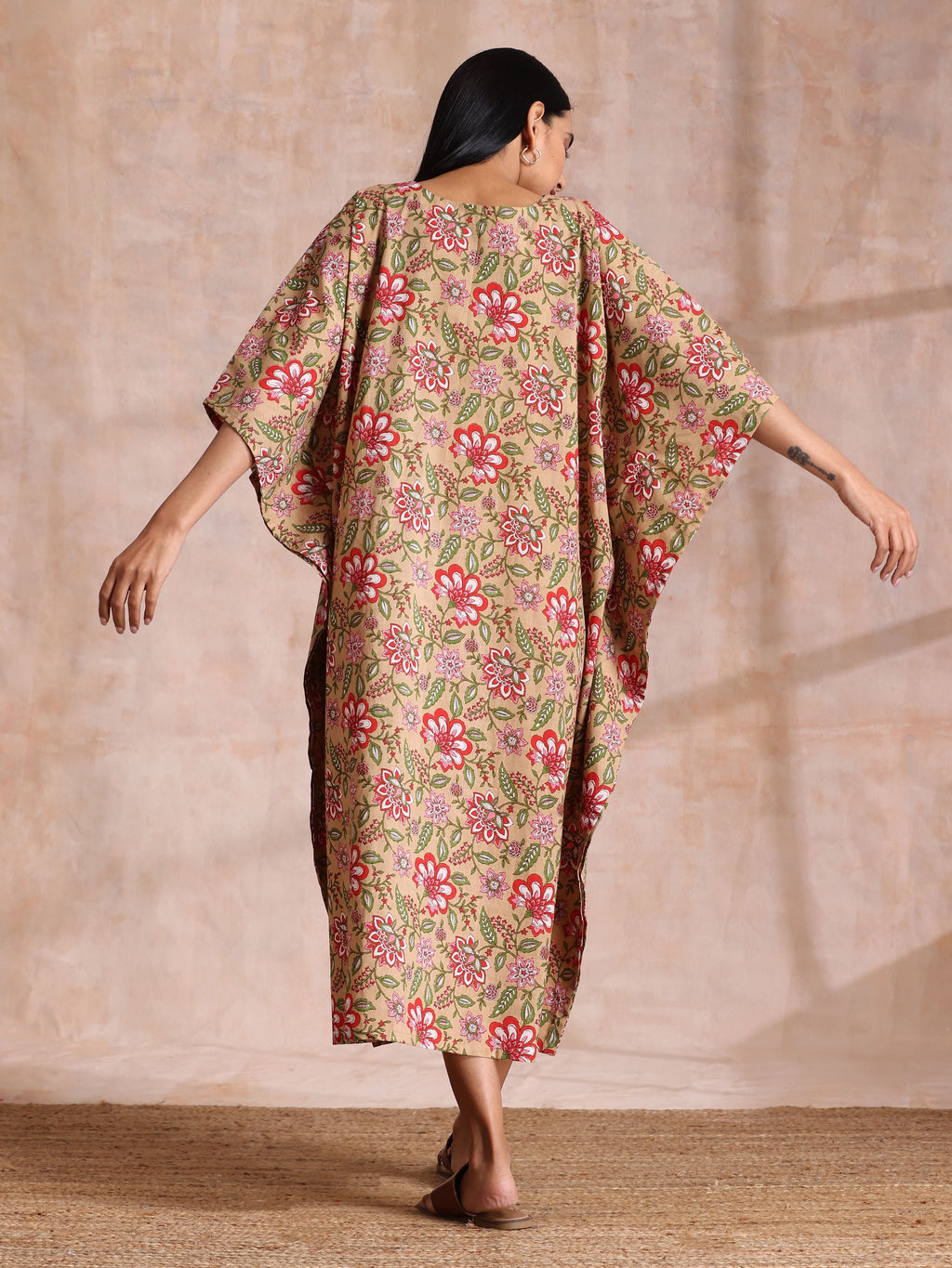 trueBrowns Beige Overall Big Floral Block Print Cotton Kaftan Dress - Distacart