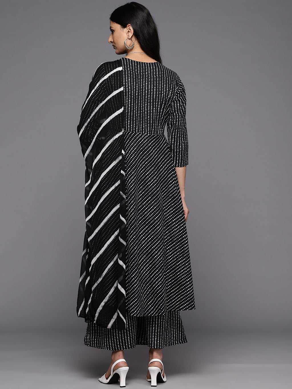 KSUT (House of Varanga) Black And White Cotton Printed Anarkali Kurta Paired With Palazzo And Chiffon Dupatta - Distacart