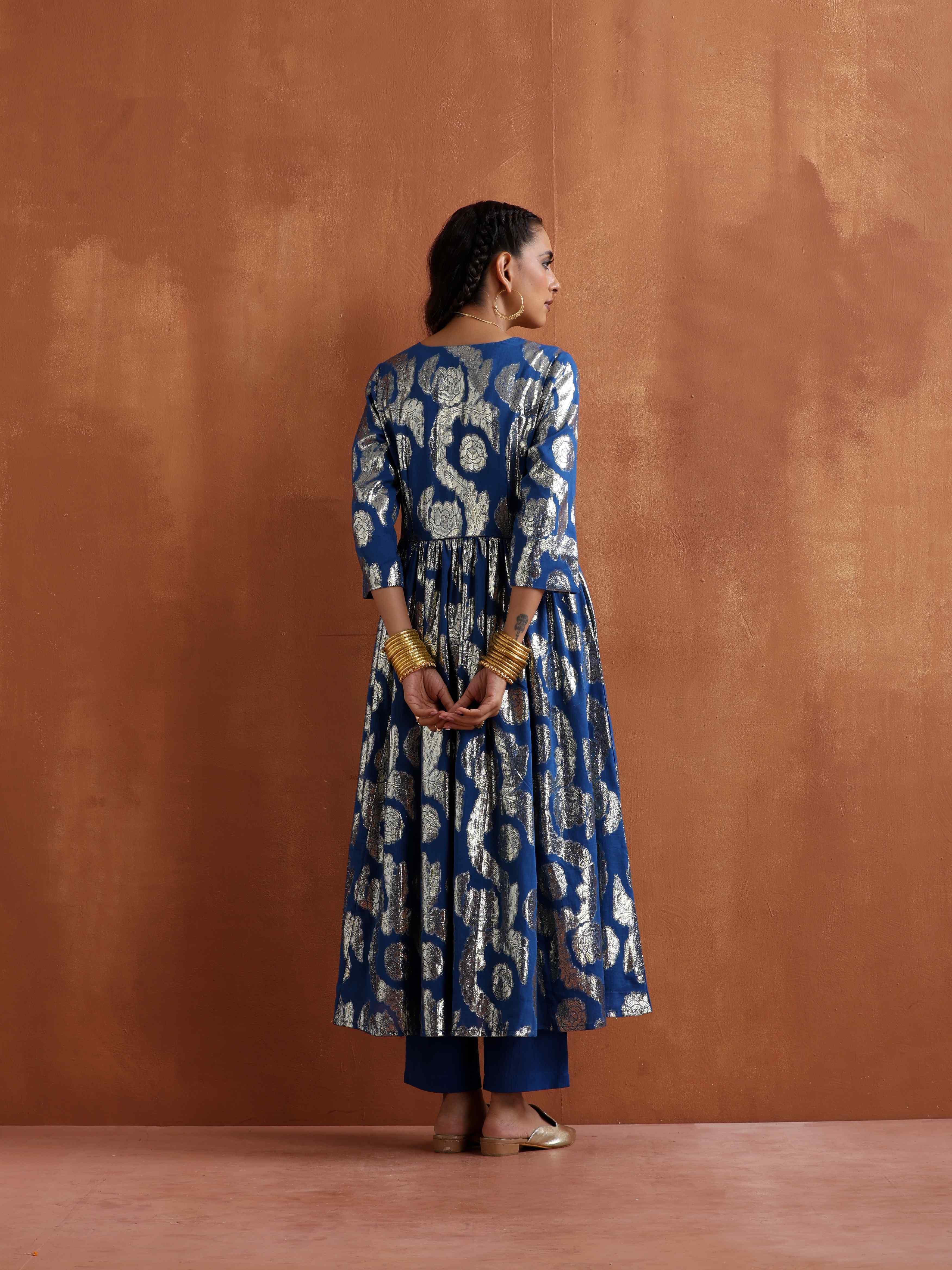 trueBrowns Blue Metallic Flared Anarkali Kurta Set - Distacart