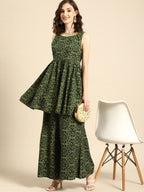 All About You Women Green Bandhani Printed Gathered Sequinned Kurti with Palazzos