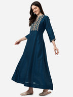 HERE&NOW Mandarin Collar Floral Embroidered A-Line Regular Fit Silk Kurta