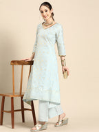 Sangria Gold-Toned Foil Printed Sequinned Detail A-Line Kurta with Palazzos