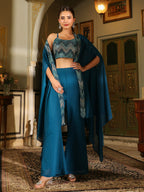 Janasya Teal Blue Georgette Embroidered Top Bottom Cape