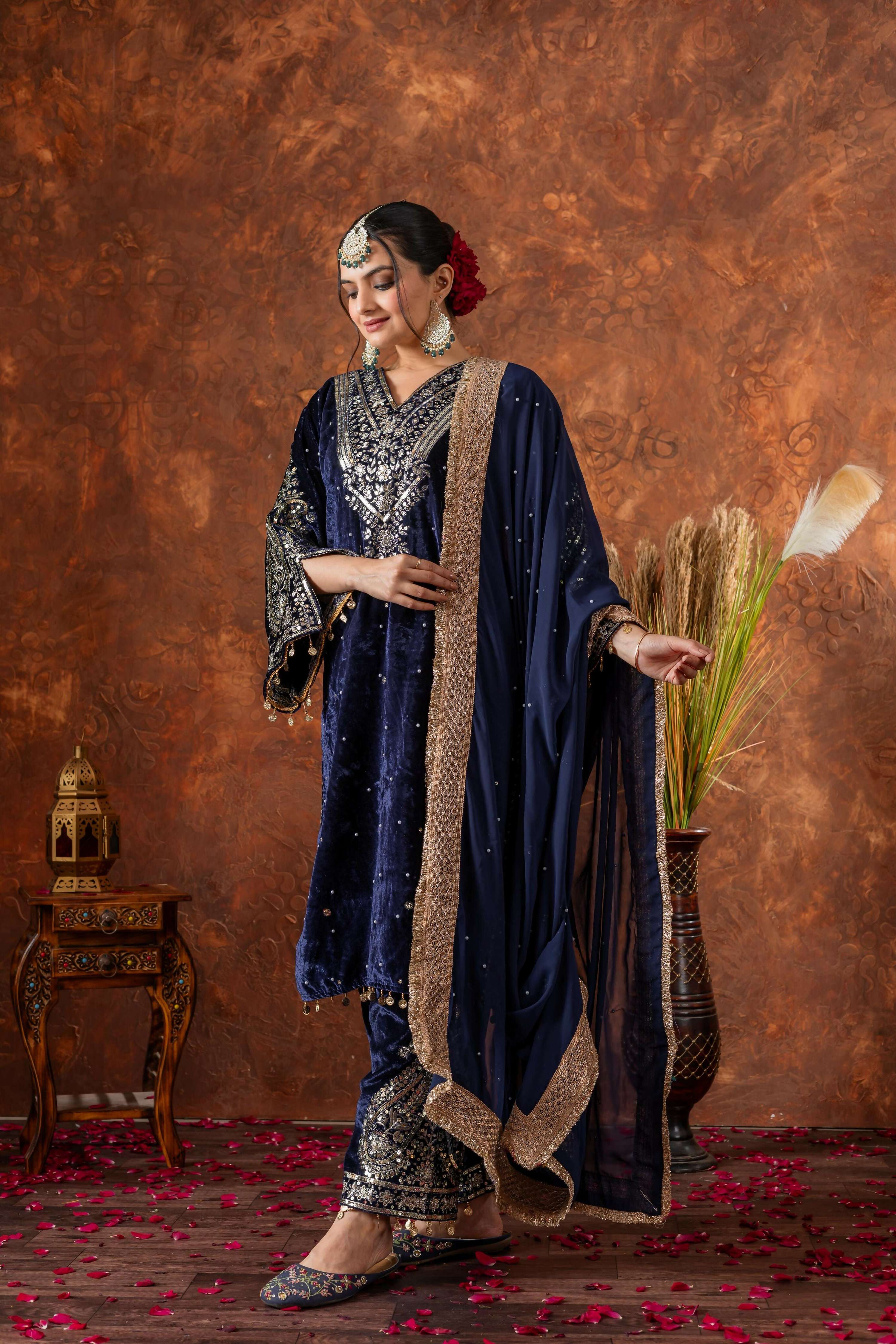 Joban Fashion deep navy blue Velvet Embroidery Kurta Set - Distacart