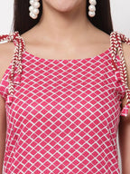 Myshka Women's Pink Printed Sleeveless Cotton Round Neck Dress