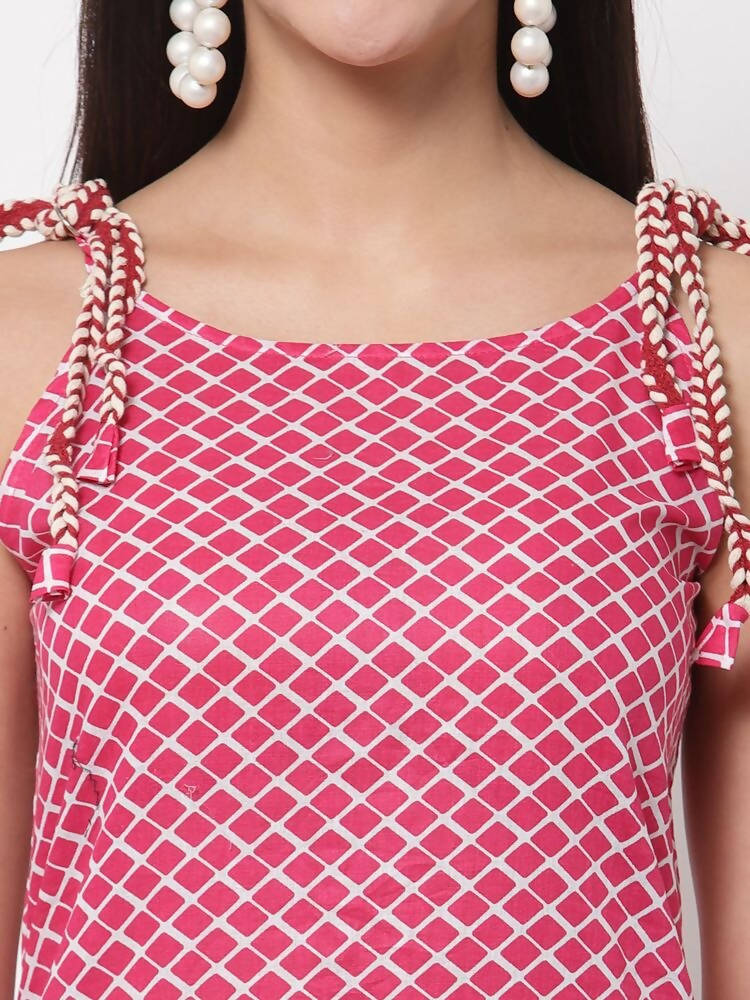 Myshka Women's Pink Printed Sleeveless Cotton Round Neck Dress