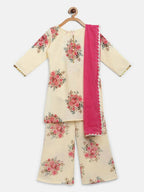 Ahalyaa Beige Crepe Floral Printed Kids Kurta Palazzo Set With Dupatta For Girls