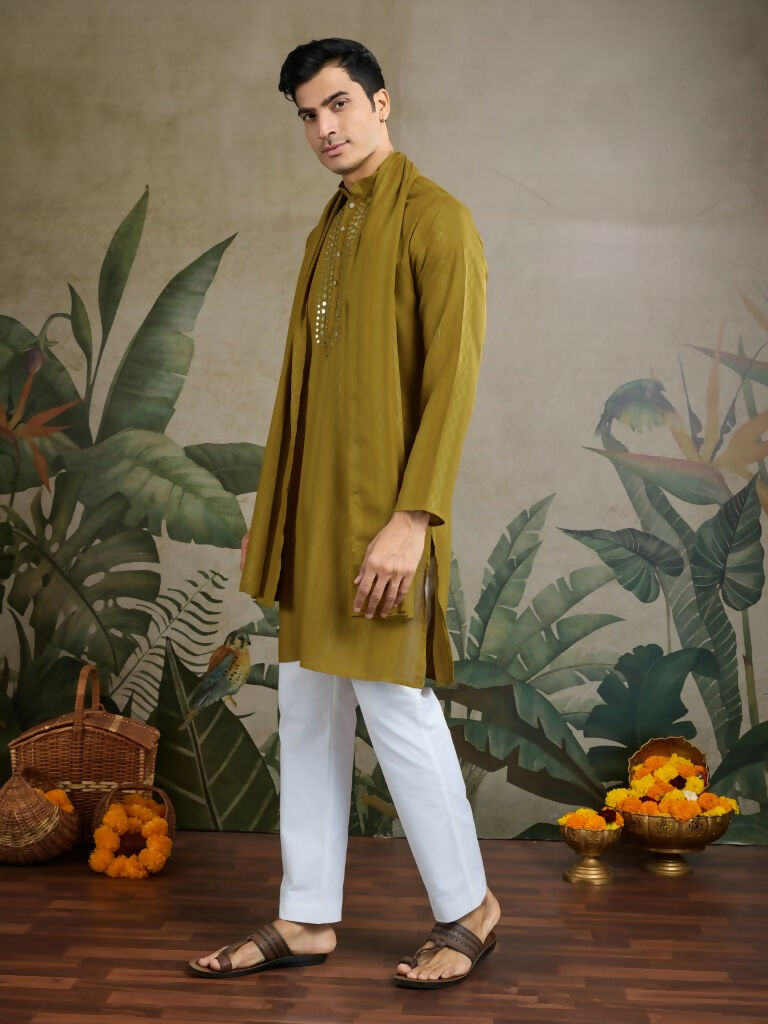 Vastranavya Rust Yellow Exclusive Viscose Rayon Festival Wear Real Mirror Work Kurta with Dupatta