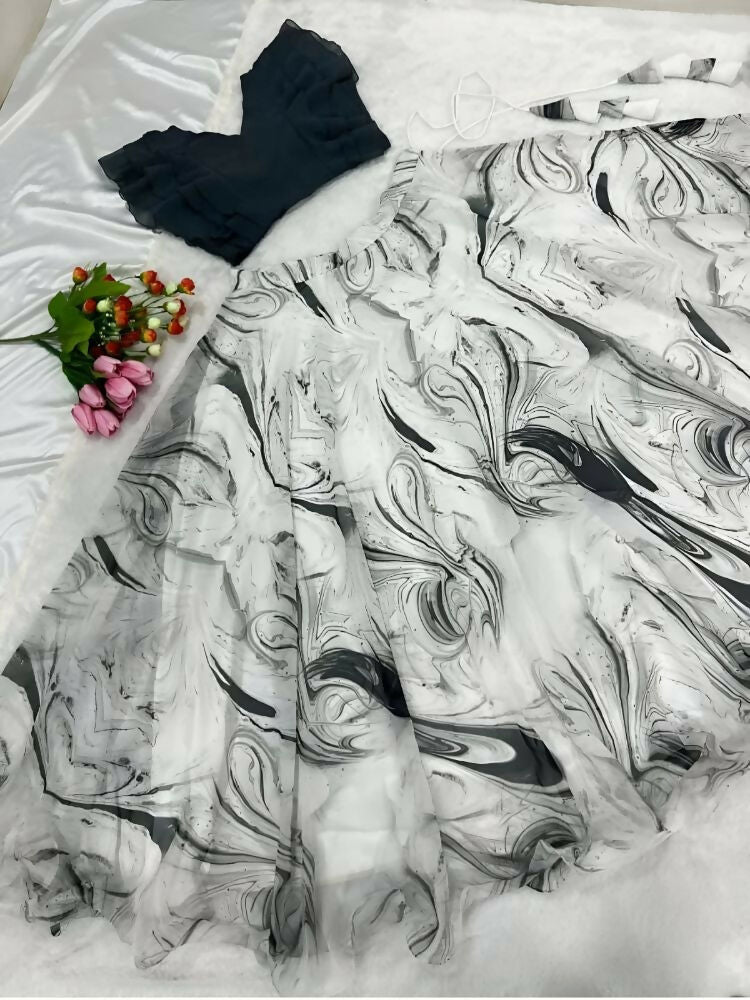 Dishitha Creation Printed Stitched Lehenga & Crop Top - Black & White