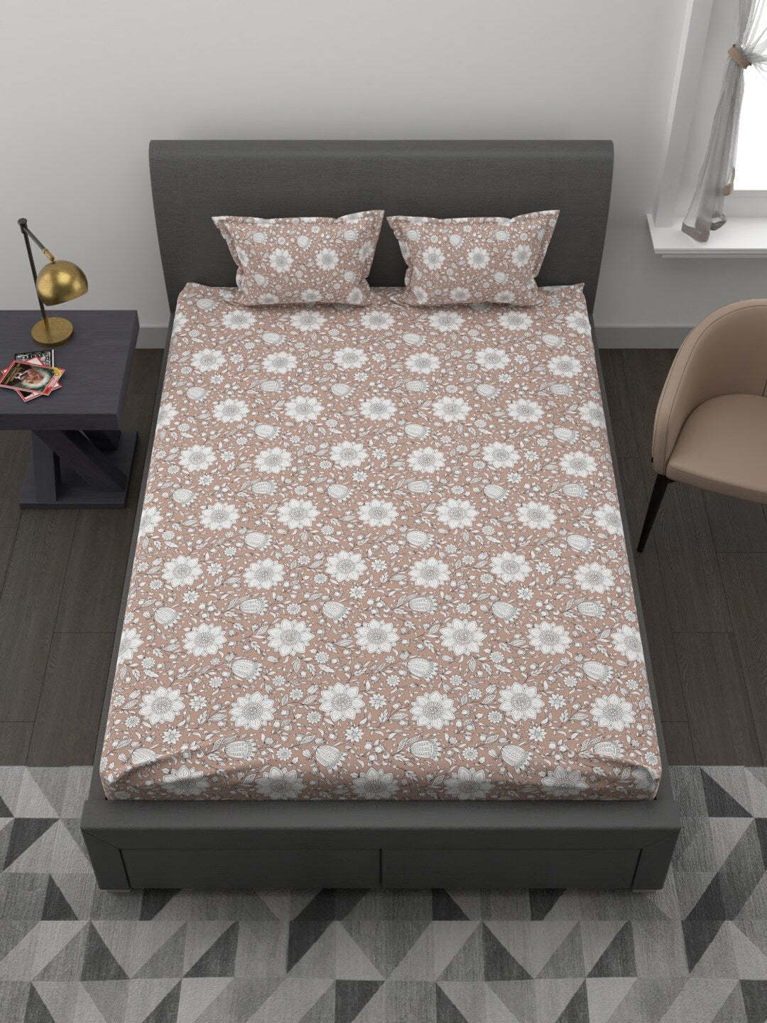 MYTRIDENT Brown White Ethnic Motifs 200 TC Cotton 1 King Bedsheet with 2 Pillow Covers