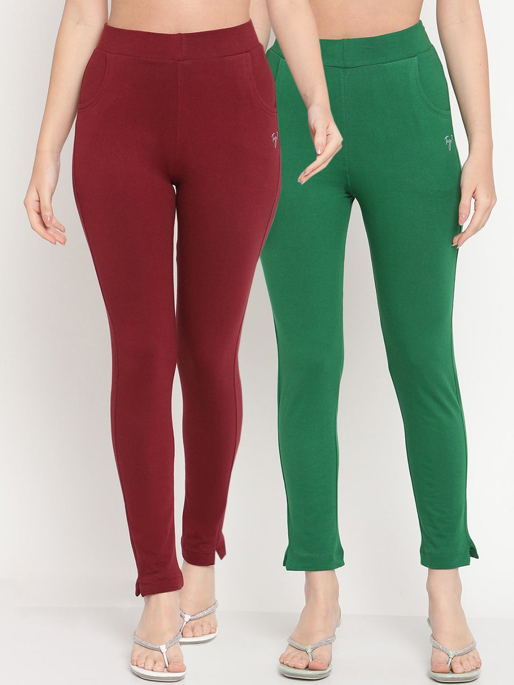 TAG 7 Women Set of 2 Maroon & Green Ankle Length Leggings