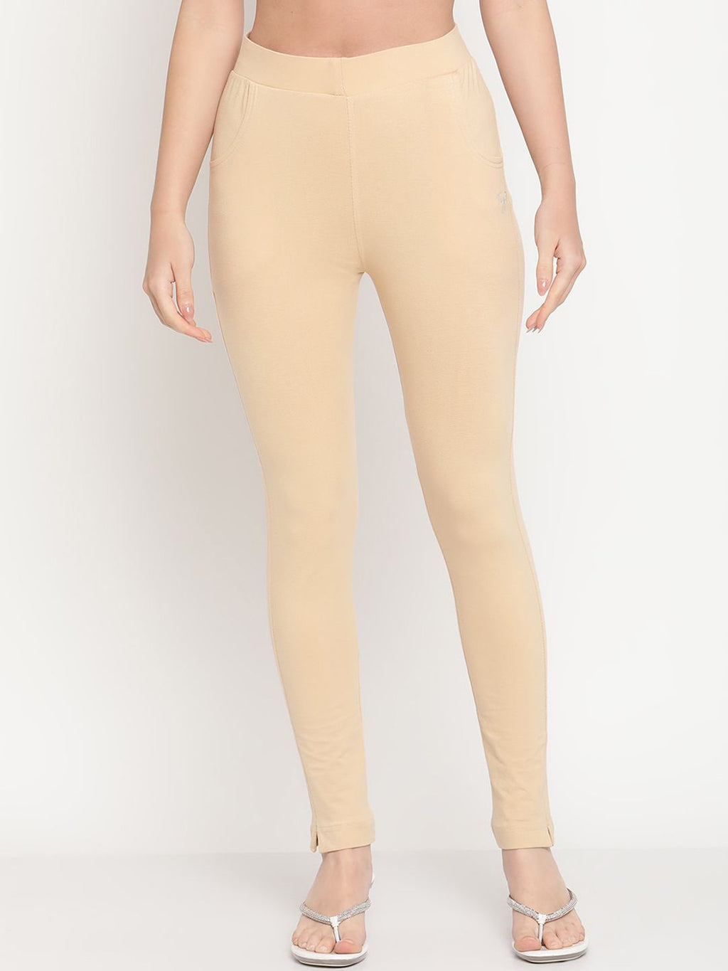 TAG 7 Women Set Of 2 Solid Beige & Red Leggings
