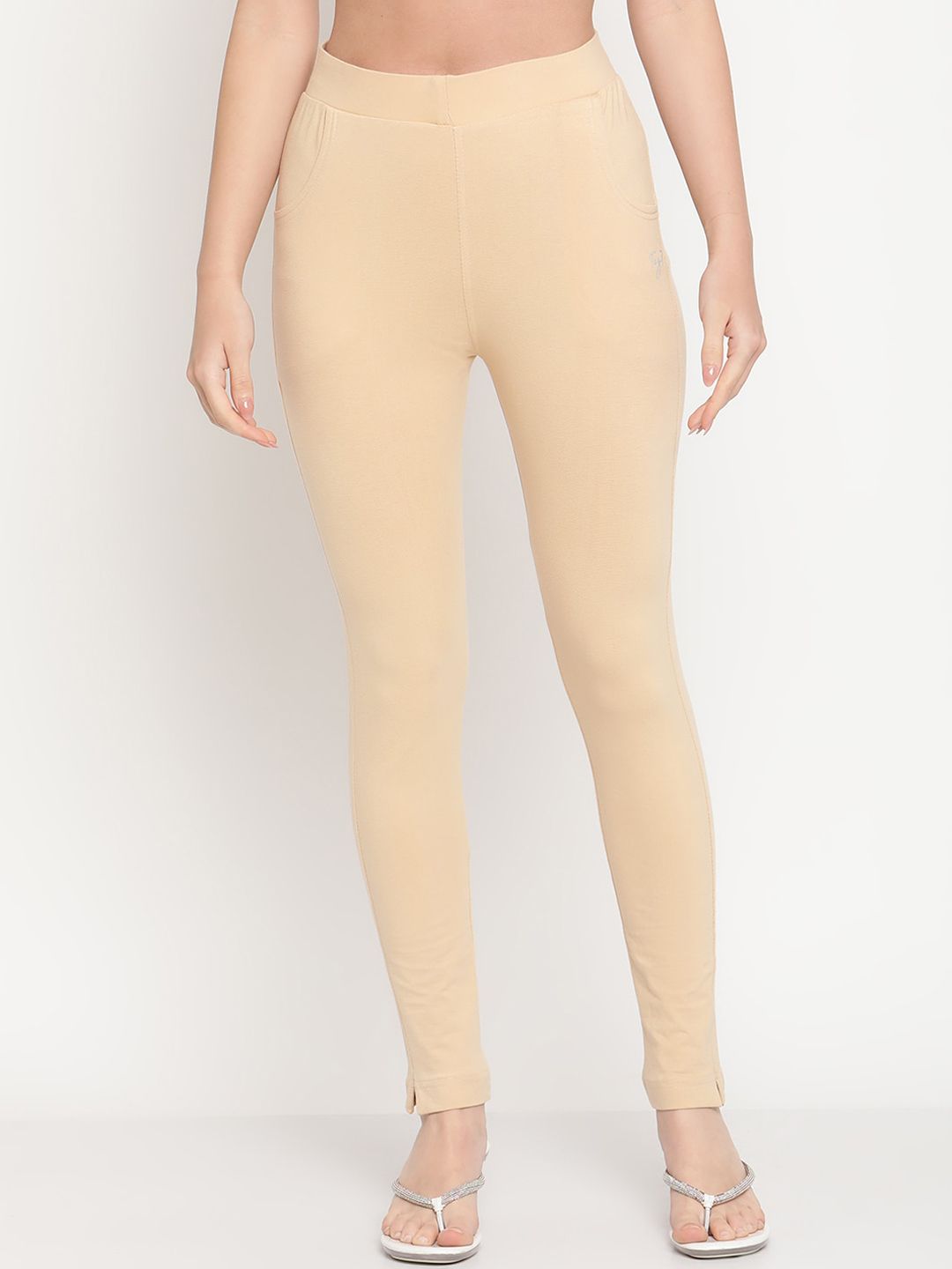 TAG 7 Women Set Of 2 Solid Beige & Red Leggings