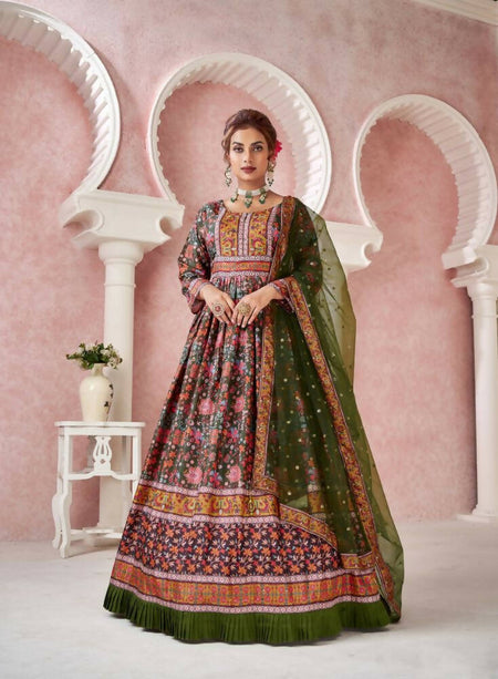 Everywhere Designer Mahendi Dola Silk Gown With Dupatta - Anbazaar