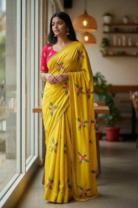 Teeya Creation Yellow Rangoli Silk Embroidery Work Party Wear Designer Saree