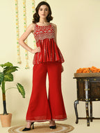 Myshka Women's Red Georgette Top With Palazzos Party Sets