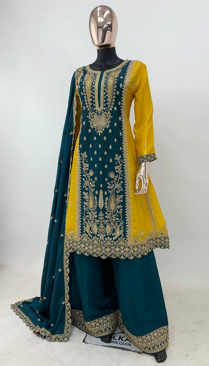 Lorenvalley Fashion Yellow and Rama Chinon Embroidery With Sequince Work Salwar Kameez Stitched