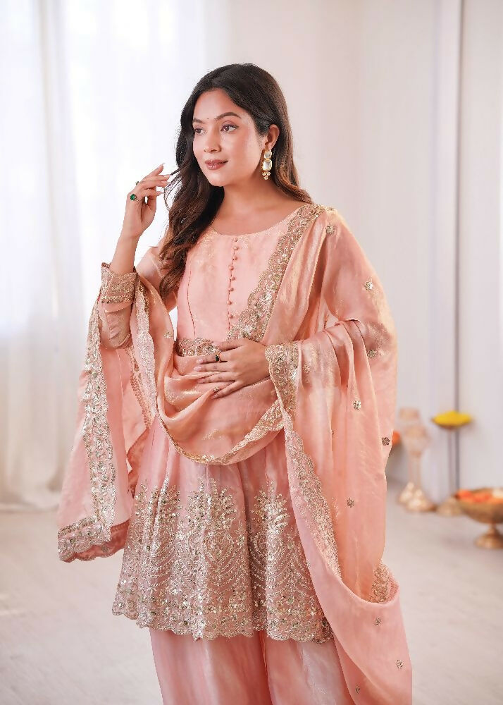 Teeya Creation Light Peach Color Fendy Satin Silk Embroidery Work Party Wear Salwar Suit - Distacart