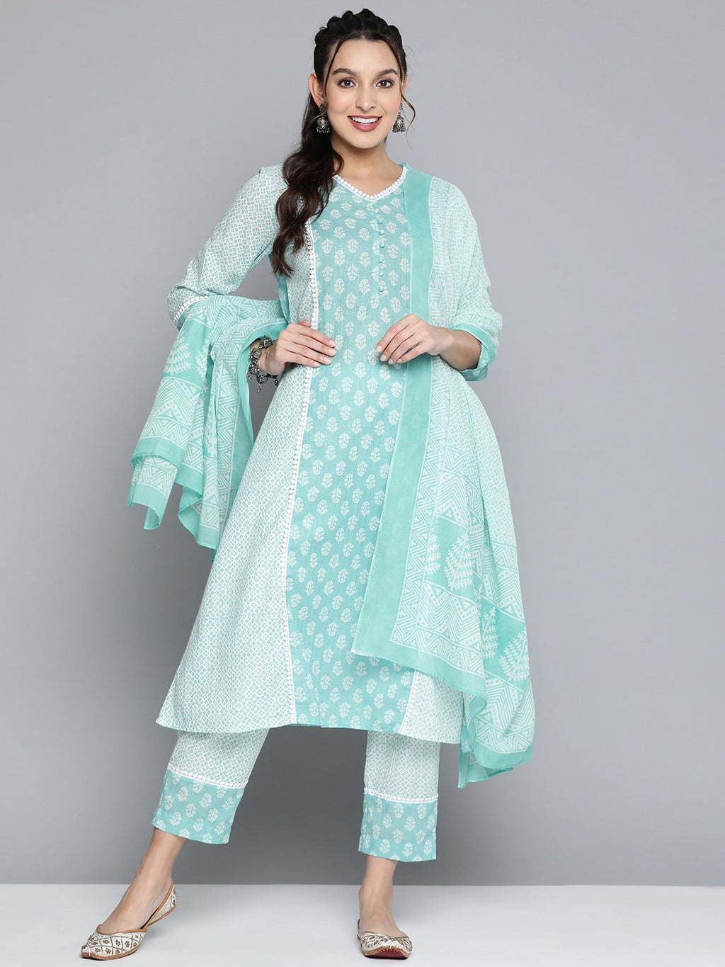 HERE&NOW Women Turquoise Blue Floral Printed Pure Cotton Kurta with Palazzos & With Dupatta
