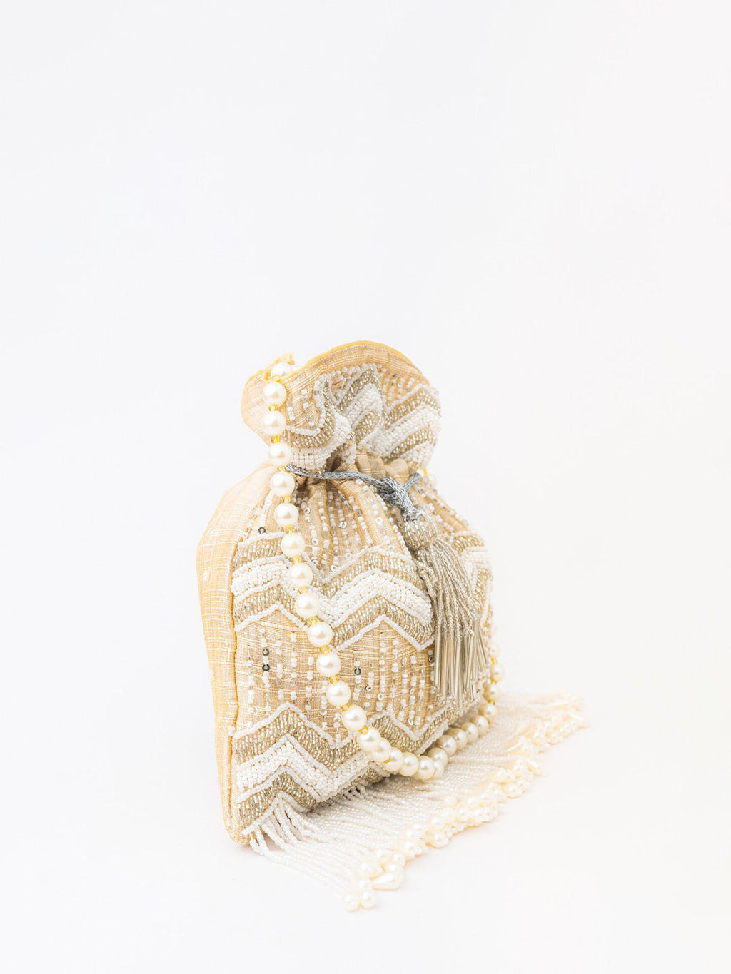 NR By Nidhi Rathi Cream-Coloured & Gold-Toned Embellished Potli Clutch - Distacart