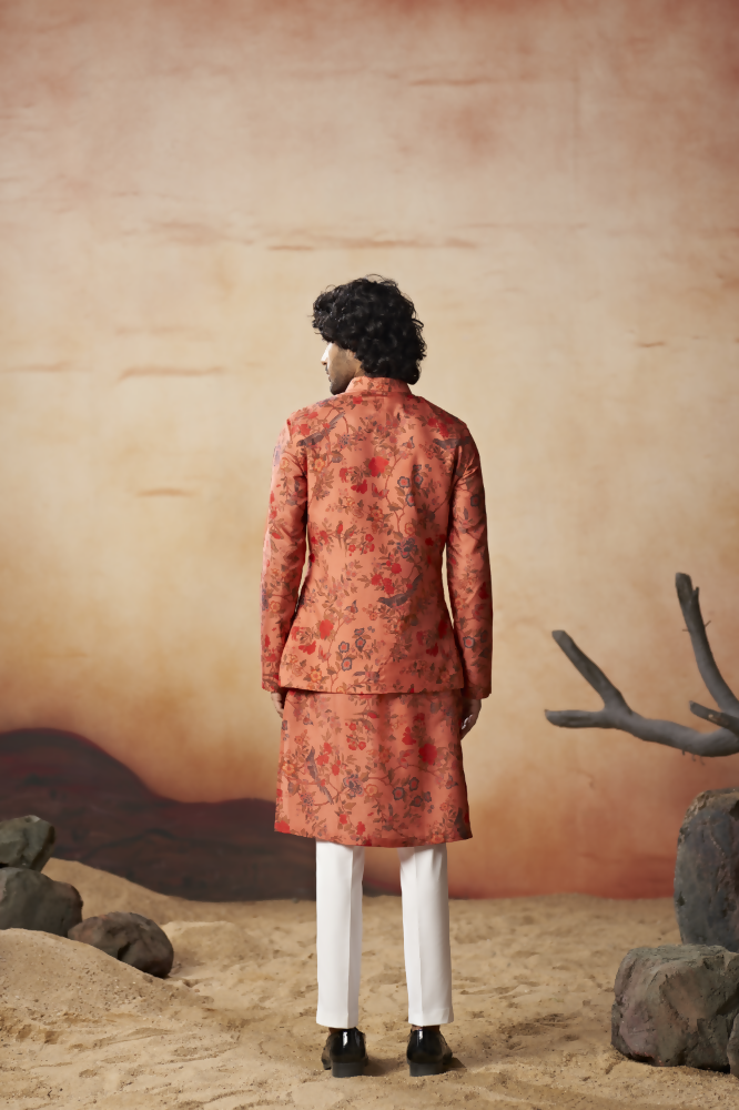 Floral Jal Print Silk Nehru Jacket Set by Hilo Design