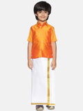 Sethukrishna Boys Orange & White Solid Shirt and Veshti Set