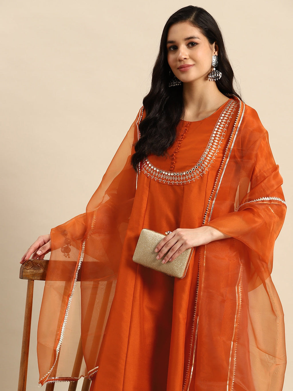 Sangria Ethnic Motifs Embroidered Mirror Work Silk Crepe Kurta with Trousers & Dupatta