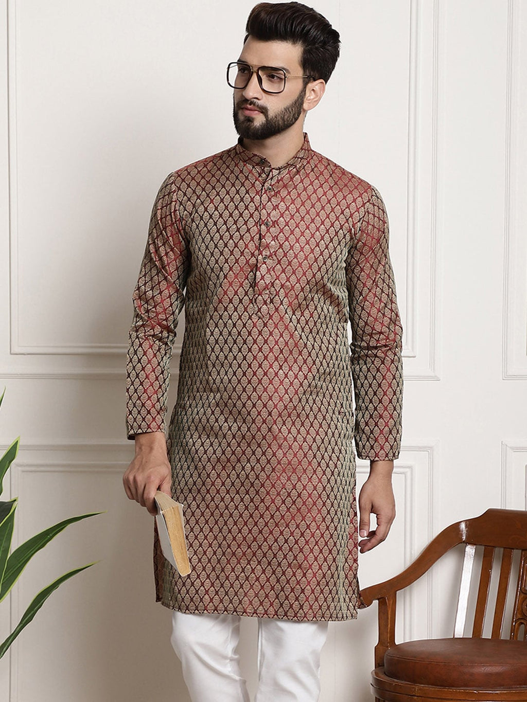 Sojanya Woven Design Mandarin Collar Silk Cotton Kurta
