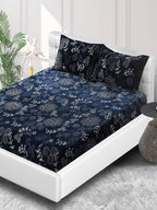 Stylespace by Isha Navy Blue & White Floral Velvet 300 TC Fitted King Bedsheet Set