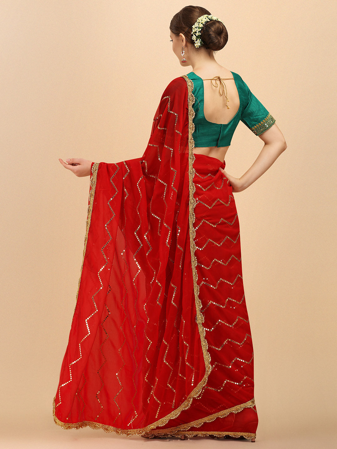 Sangria Red Embellished Sequinned Pure Georgette Saree - Distacart