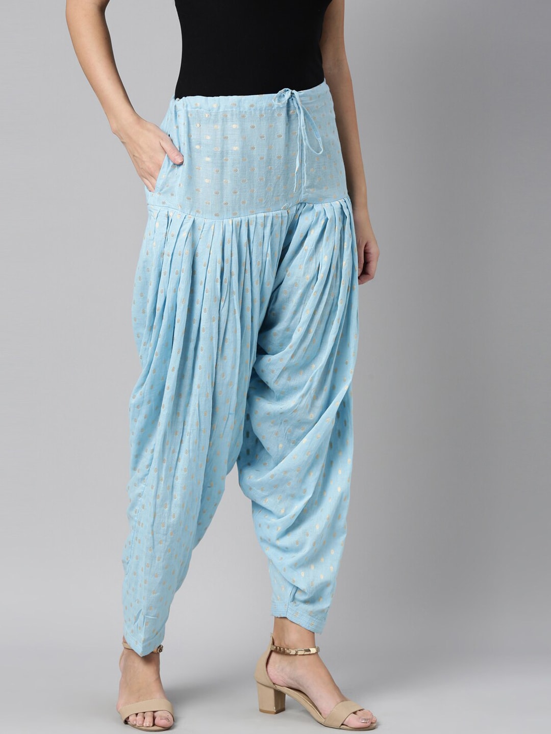 Souchii Blue & Gold-Coloured Woven Design Pure Cotton Patiala - Distacart