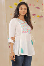 Juniper Women White Cotton Dobby Embroidered A-Line Tunic - Distacart